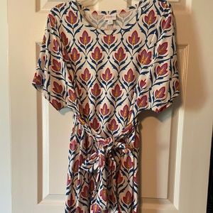 White with Pink Floral Art Deco design LuLaRoe Dress with Pockets and Belt.
